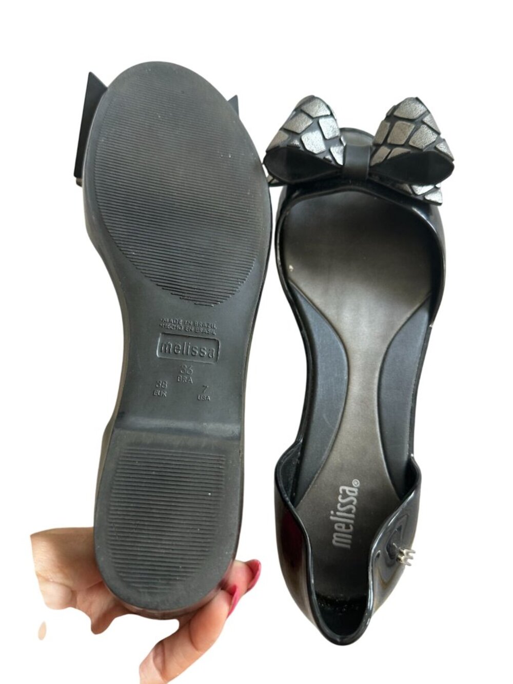 MELISSA Black Silver Bow D’Orsay Flats Size US 7 - Picture 7 of 8